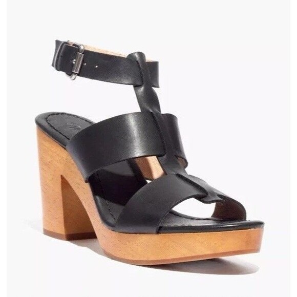 Madewell Sandals Womens 8.5 Wood Platform Irving Black Leather Strappy Boho New - Picture 1 of 12